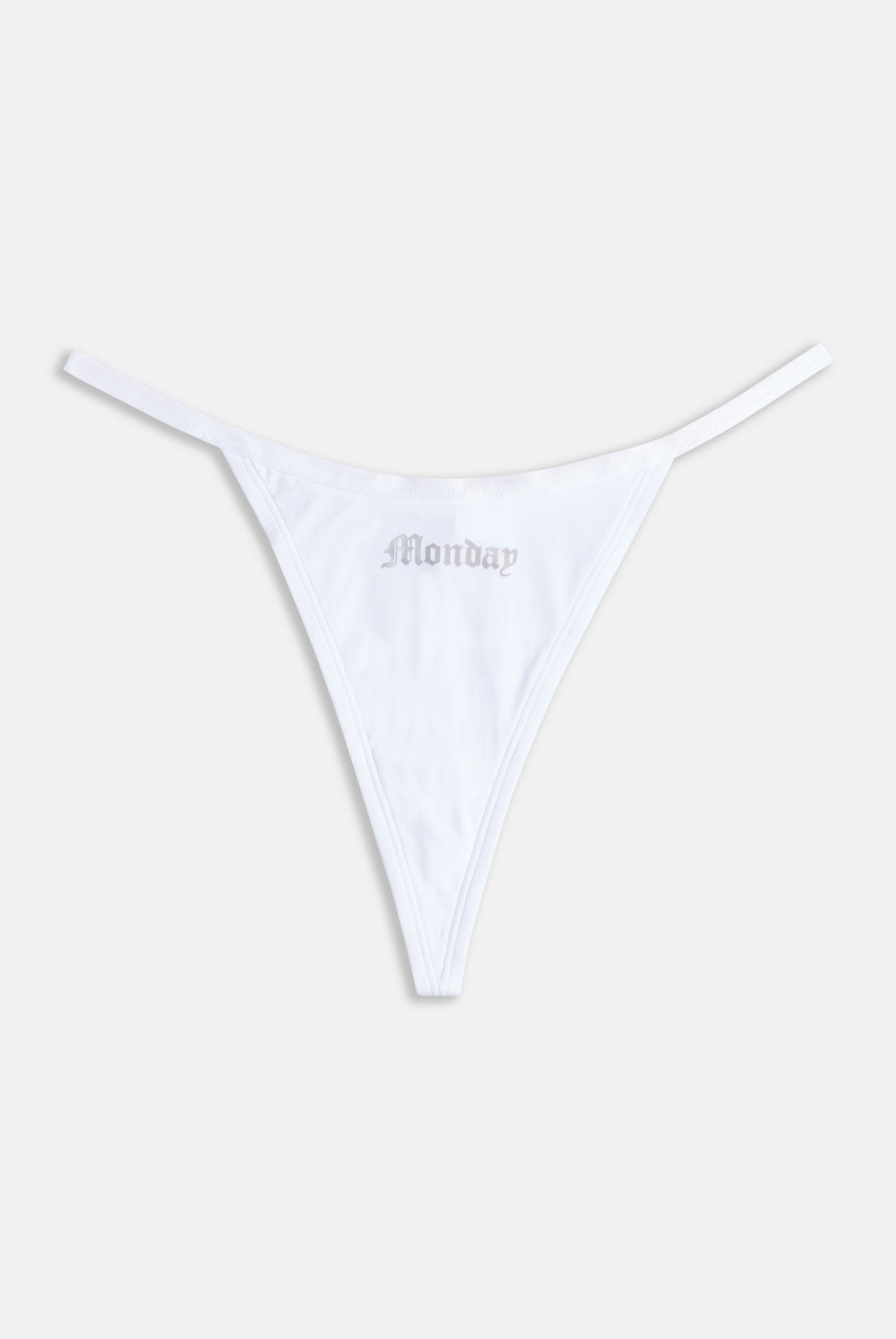 Displays the 'Juicy' branded Monday gothic print thongs 