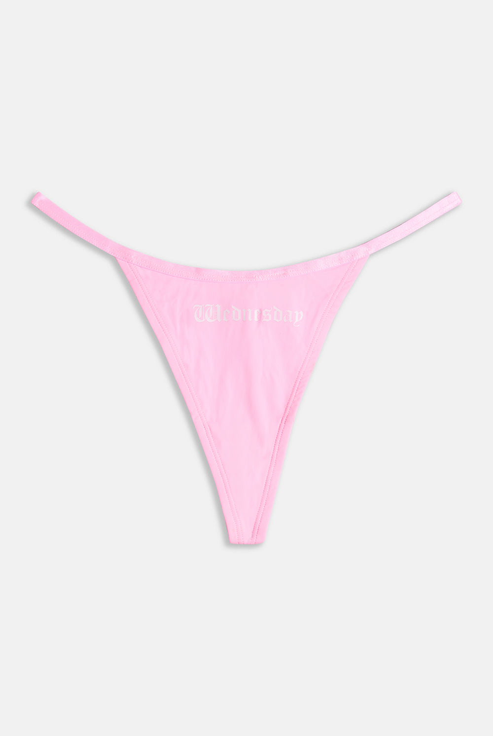 Displays the 'Juicy' branded Wednesday gothic print thong