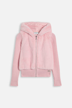 Displays the Almond Blossom 'Juicy' branded Faux Fur Knitted Jacket