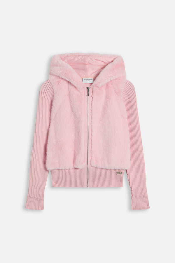 Displays the Almond Blossom 'Juicy' branded Faux Fur Knitted Jacket