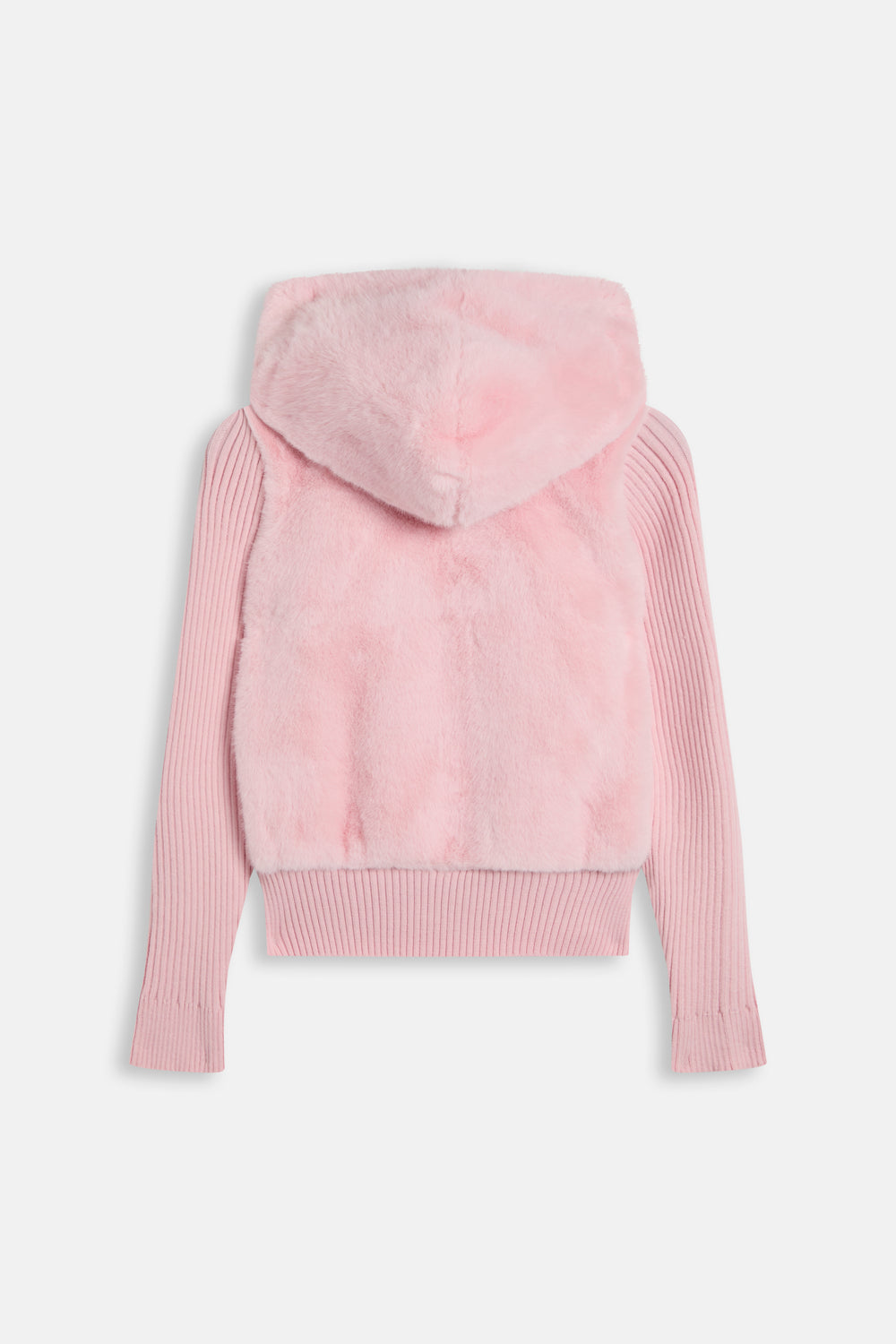 Displays the Almond Blossom 'Juicy' branded Faux Fur Knitted Jacket