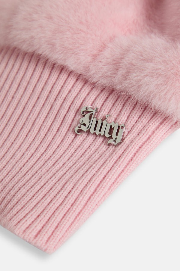 Displays the Almond Blossom 'Juicy' branded Faux Fur Knitted Jacket