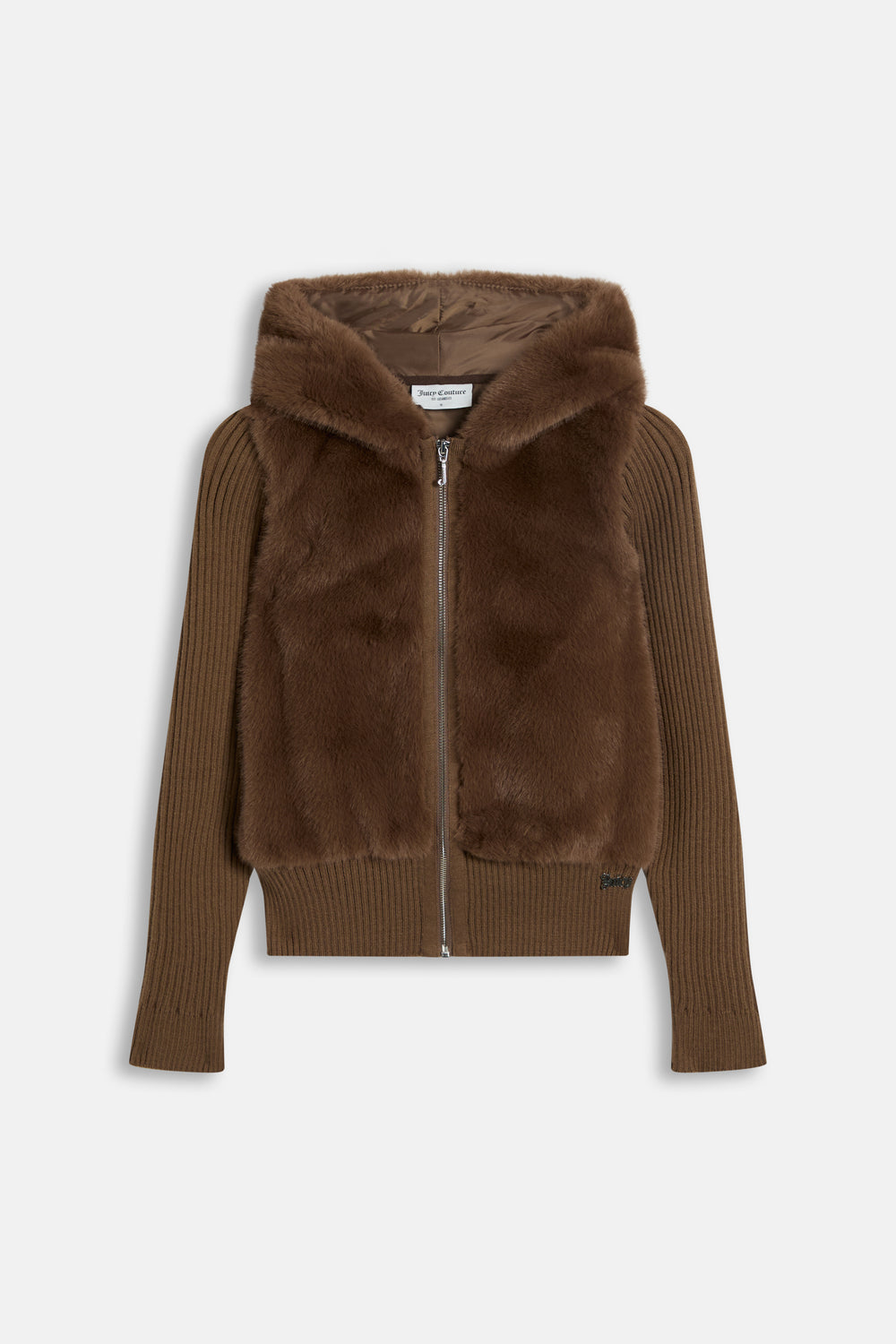 Displays the Java 'Juicy' branded Faux Fur Knitted Jacket
