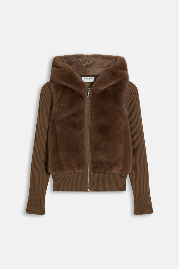 Displays the Java 'Juicy' branded Faux Fur Knitted Jacket