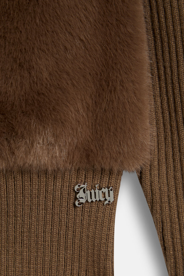 Displays the Java 'Juicy' branded Faux Fur Knitted Jacket featuring the details 