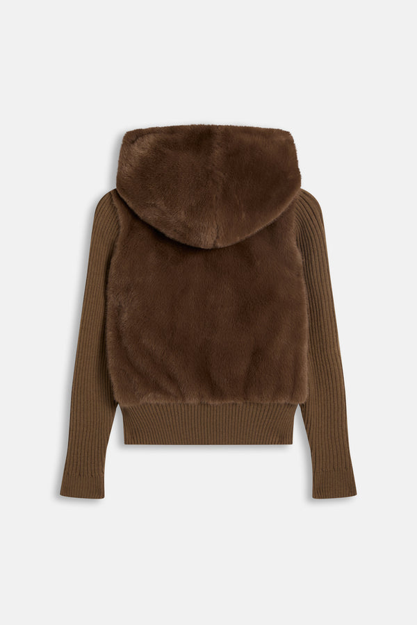 Displays the Java 'Juicy' branded Faux Fur Knitted Jacket