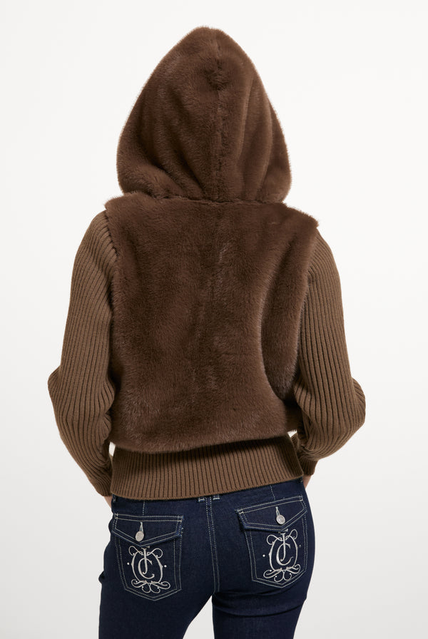 Displays a model wearing the Java 'Juicy' branded Faux Fur Knitted Jacket