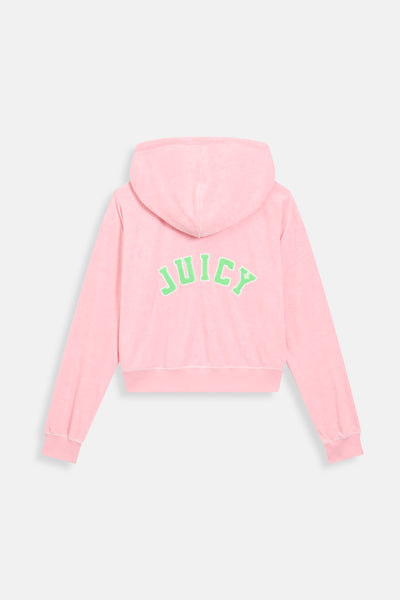 JUICY PINK OVERSIZED COLLEGIATE CROPPED TOWELLING HOODIE