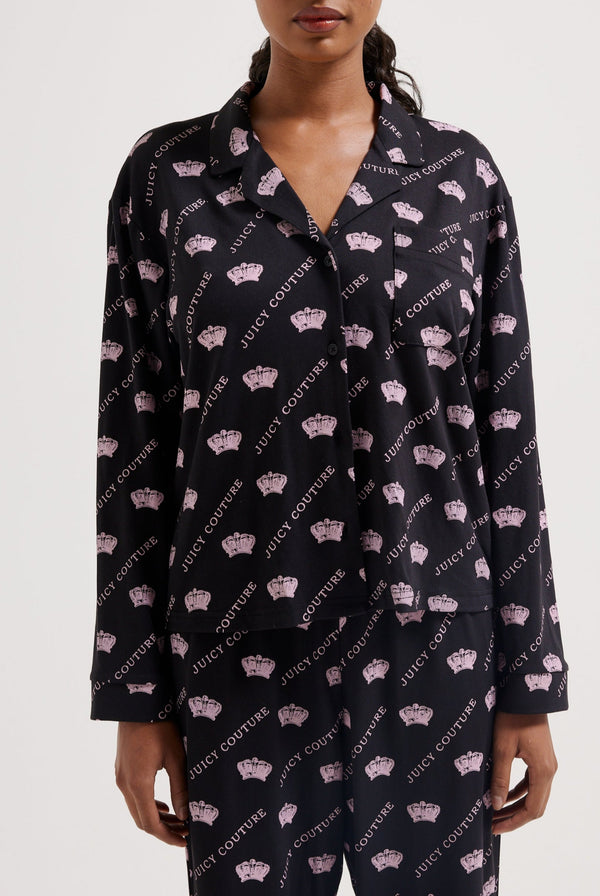 BLACK LONG SLEEVE CROWN PYJAMA SHIRT