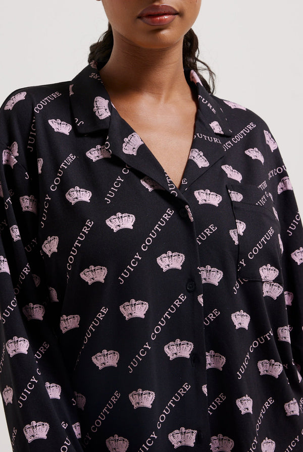 BLACK LONG SLEEVE CROWN PYJAMA SHIRT