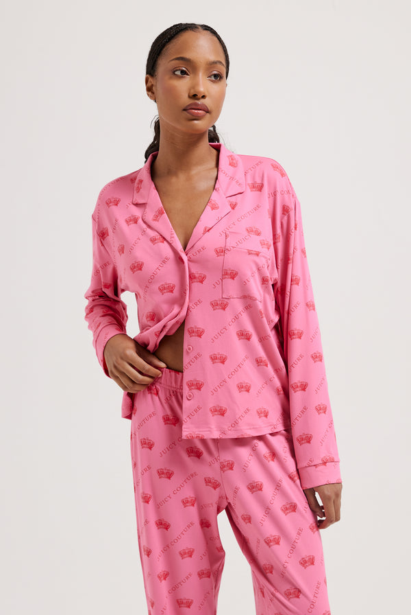 PINK LONG SLEEVE CROWN PYJAMA SHIRT