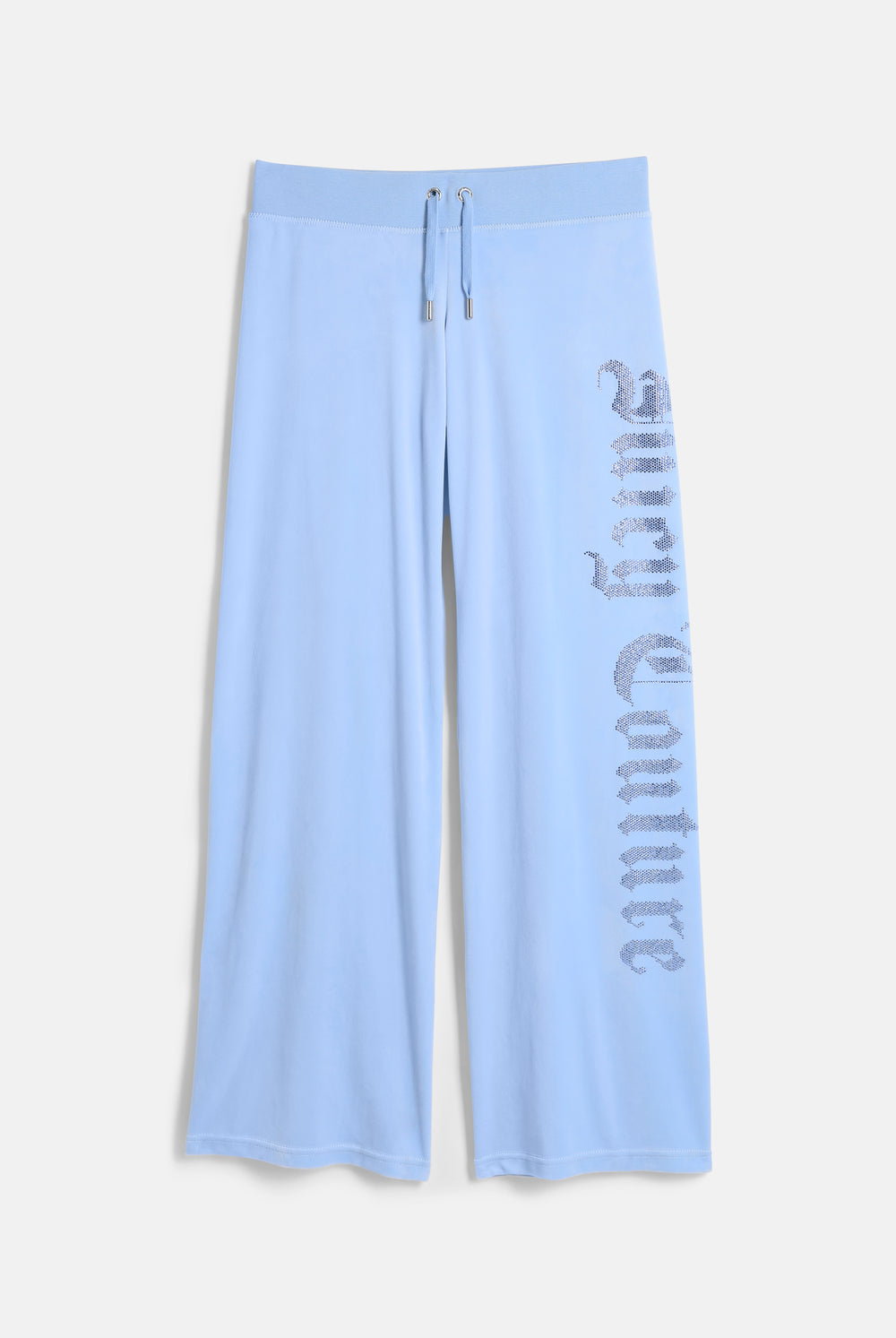 Displays the Powder Blue 'Juicy' branded Old Gothic Diamante Og Straight Leg Trackpant