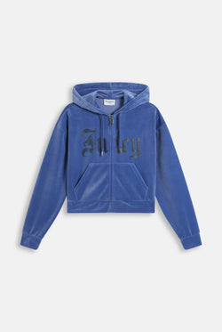 Displays the Greyblue 'Juicy' branded Old Gothic Oversized Cropped Hoodie