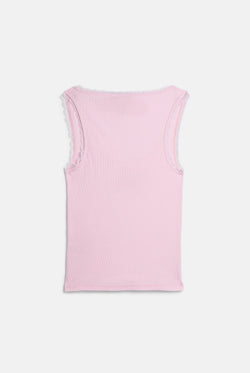 Displays the Cherry Blossom 'Juicy' branded Lace Trim Vest