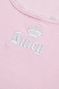 Displays the Cherry Blossom 'Juicy' branded Lace Trim Vest featuring the details on the juicy branding 