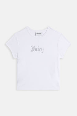 Displays the White 'Juicy' branded Old Gothic Baby T-Shirt