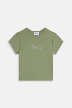 Displays the Oil Green 'Juicy' branded Old Gothic Baby T-Shirt