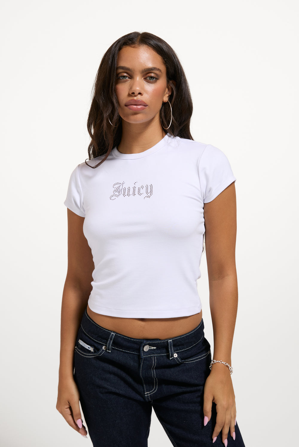 Displays a model wearing the White 'Juicy' branded Old Gothic Baby T-Shirt