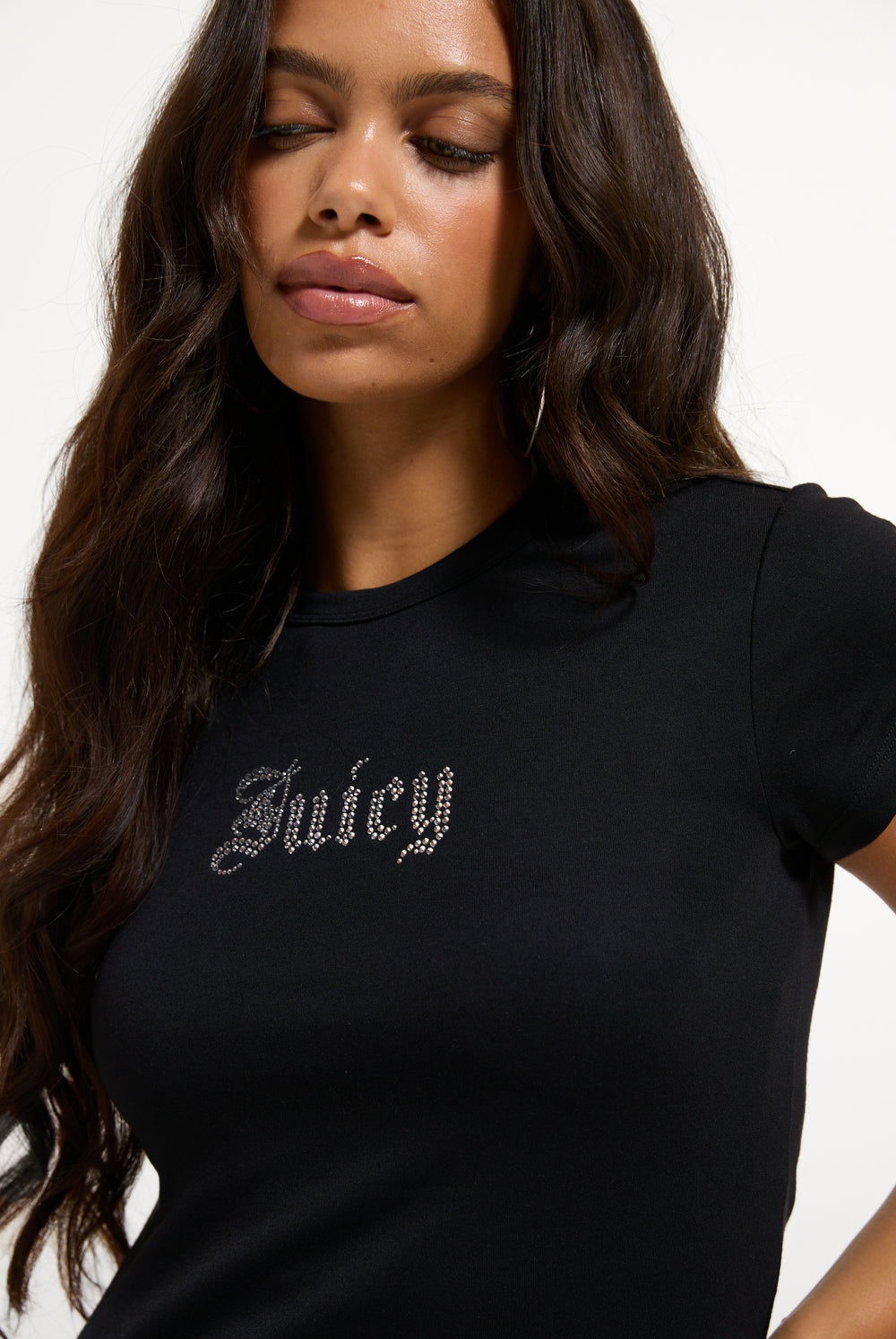 Displays a model wearing the Black 'Juicy' branded  Old Gothic Baby T-Shirt