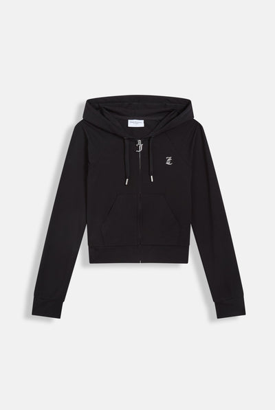 BLACK DIAMANTÉ LUXURY JERSEY ZIP-THROUGH HOODIE