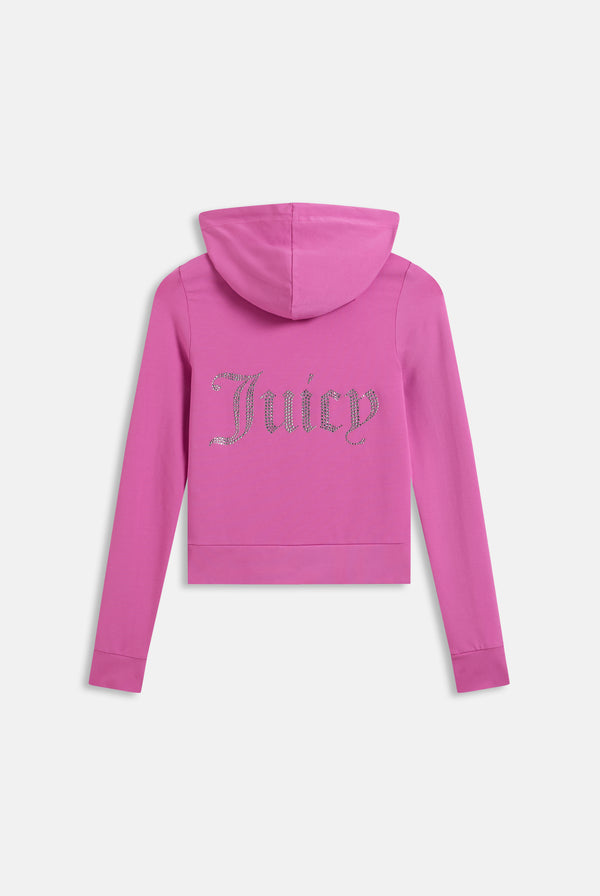 Displays the Super Pink 'Juicy' branded Diamanté luxury jersey zip-through hoodie 