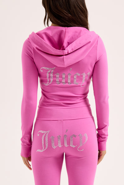 SUPER PINK DIAMANTÉ LUXURY JERSEY ZIP-THROUGH HOODIE
