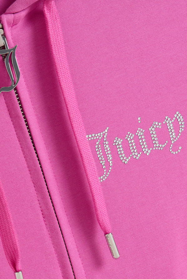 Displays a model wearing the Super Pink 'Juicy' branded Diamanté luxury jersey zip-through hoodie featuring the juicy logo 