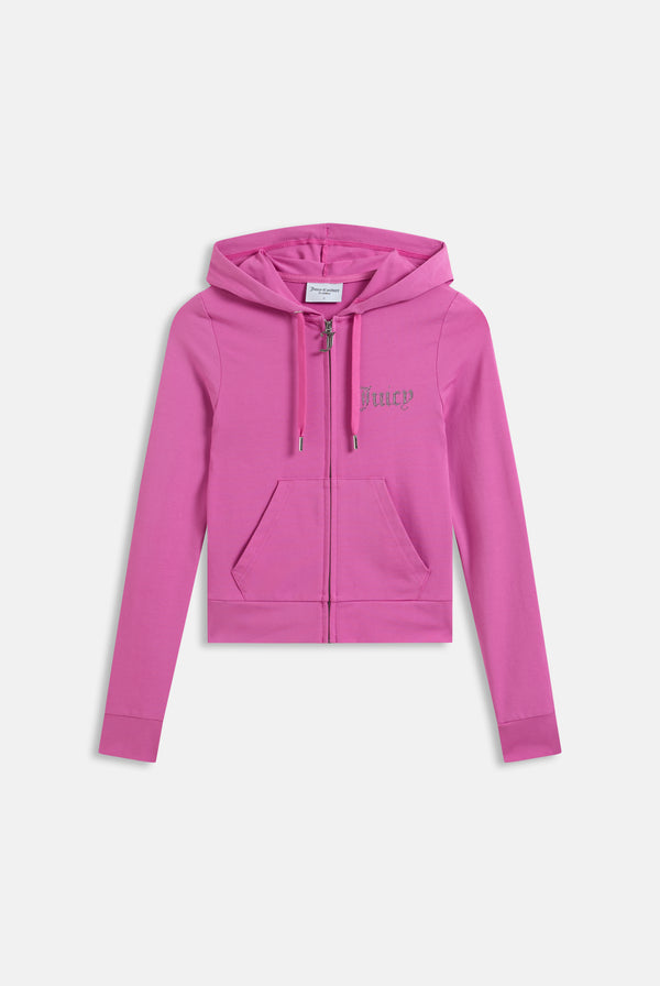 Displays the Super Pink 'Juicy' branded Diamanté luxury jersey zip-through hoodie 