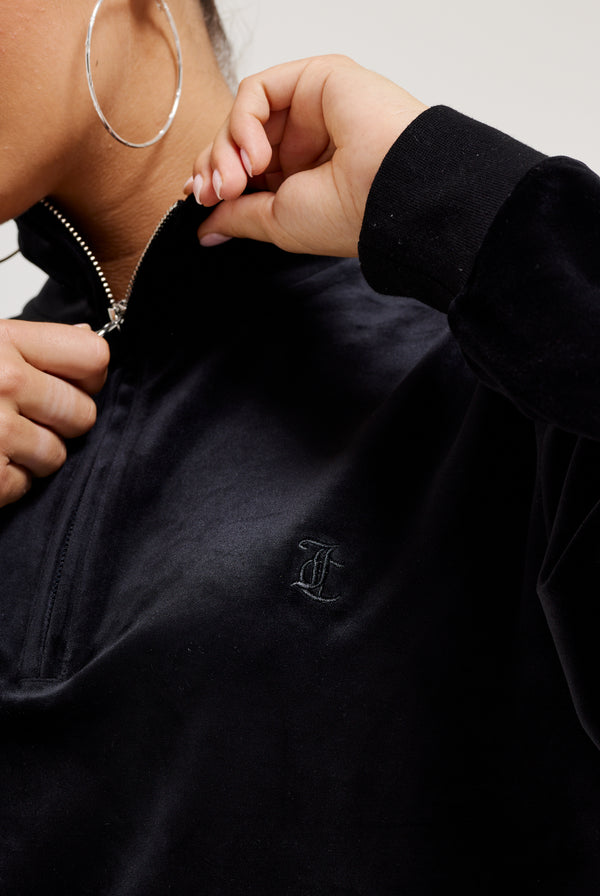 BLACK OVERSIZED QUARTER ZIP CLASSIC VELOUR TRACK TOP