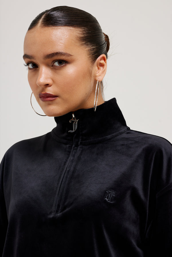 BLACK OVERSIZED QUARTER ZIP CLASSIC VELOUR TRACK TOP