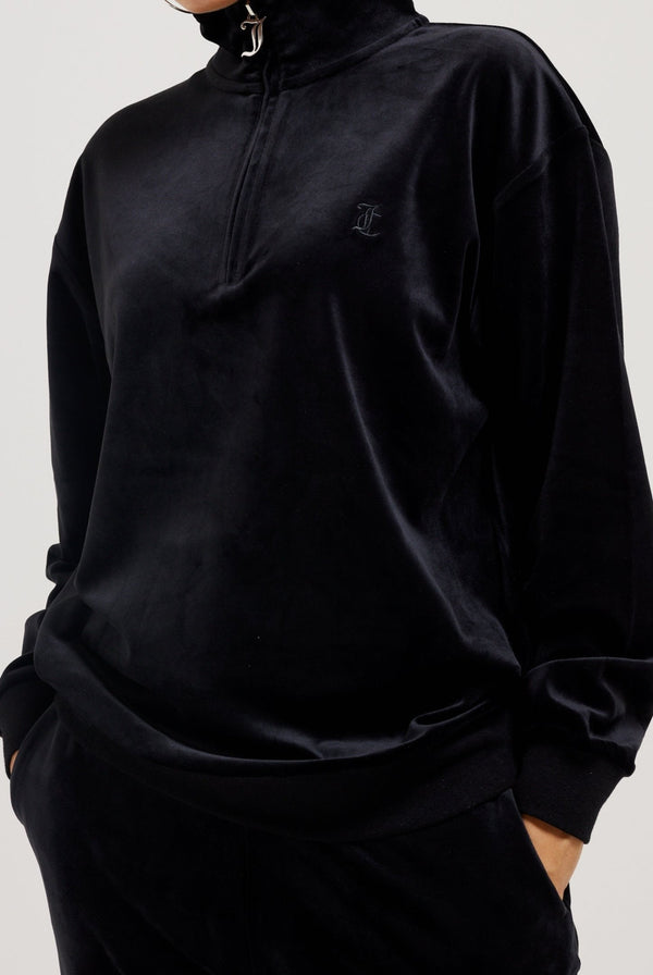 BLACK OVERSIZED QUARTER ZIP CLASSIC VELOUR TRACK TOP