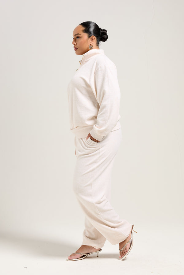 OATMEAL MARL/ GOLD OVERSIZED QUARTER ZIP COTTON VELOUR TRACK TOP