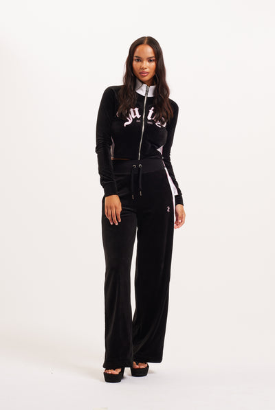 BLACK CONTRAST RIB EMBROIDERED VELOUR TRACKPANTS