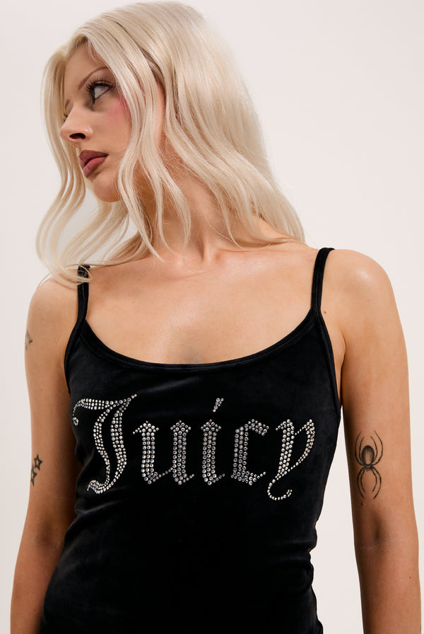 BLACK DIAMANTE VELOUR STRAPPY DRESS