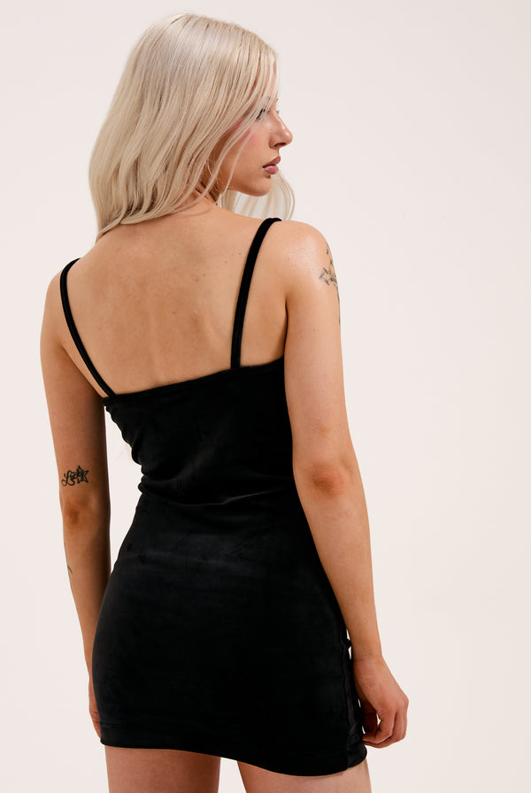 BLACK DIAMANTE VELOUR STRAPPY DRESS