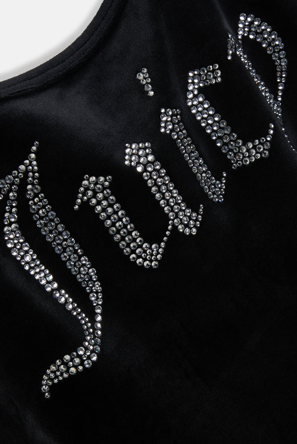 BLACK DIAMANTE VELOUR STRAPPY DRESS
