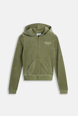 Displays the Oil Green 'Juicy' branded Regal Rebelle Robyn Hoodie