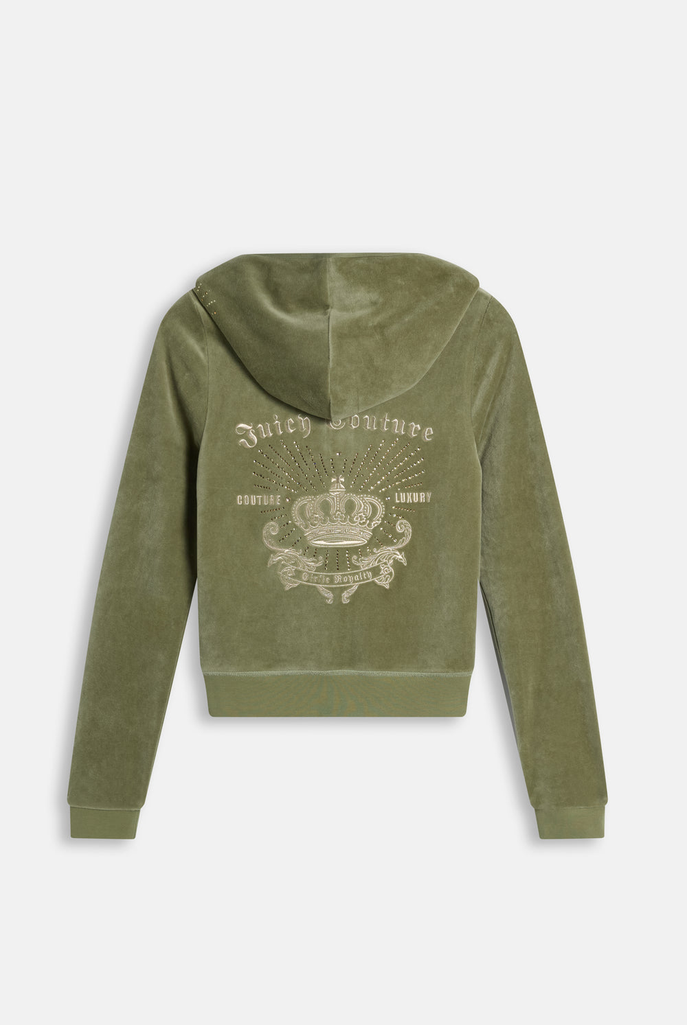 Displays the Oil Green 'Juicy' branded Regal Rebelle Robyn Hoodie