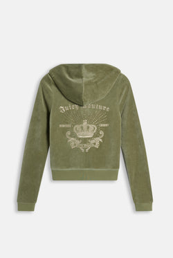 Displays the Oil Green 'Juicy' branded Regal Rebelle Robyn Hoodie
