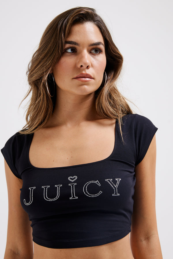 BLACK CROPPED SQUARE NECK REGAL DIAMANTÉ TEE