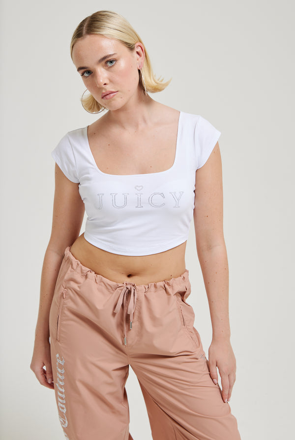 WHITE CROPPED SQUARE NECK REGAL DIAMANTÉ TEE