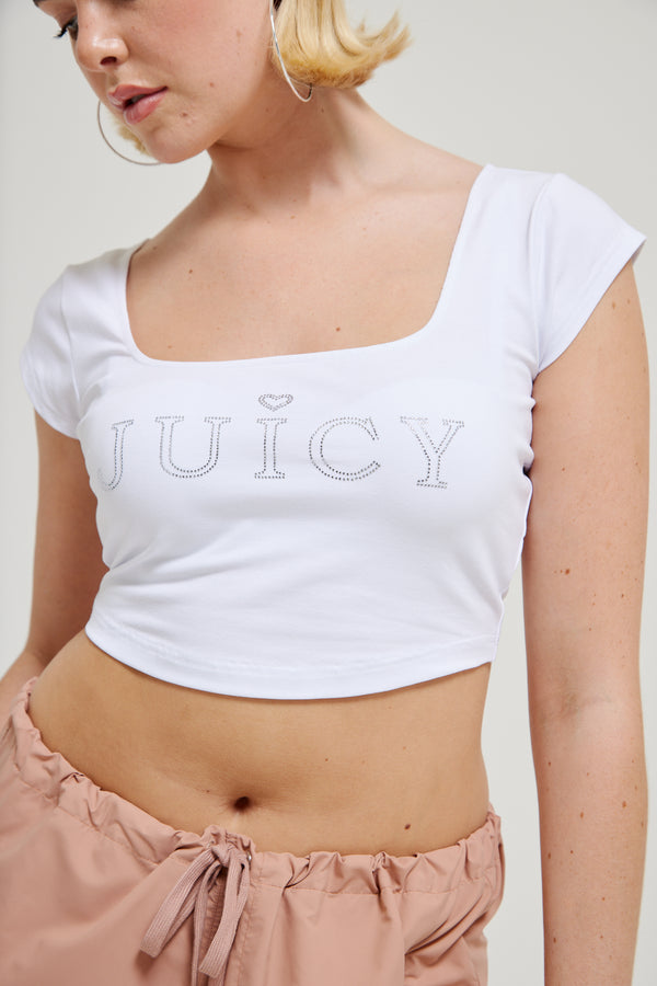 WHITE CROPPED SQUARE NECK REGAL DIAMANTÉ TEE