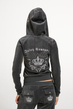 Displays a model wearing the Raven 'Juicy' branded Regal Rebelle Robyn Hoodie