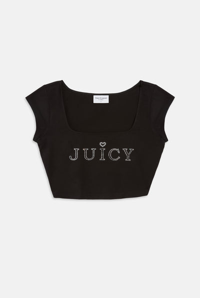 BLACK CROPPED SQUARE NECK REGAL DIAMANTÉ TEE