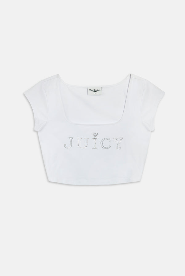 WHITE CROPPED SQUARE NECK REGAL DIAMANTÉ TEE