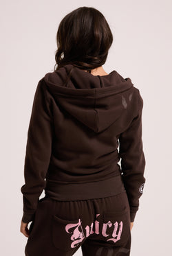 Displays a model wearing the Java longline 'Juicy' branded fleece zip through hoodie 
