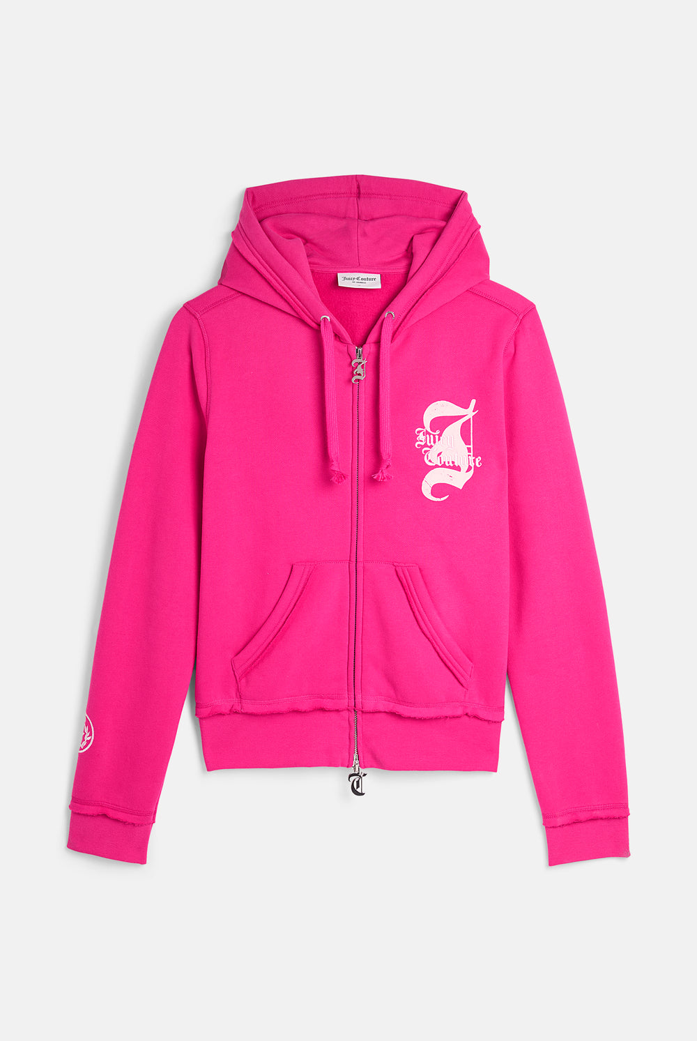 Displays the Nostalgia Pink 'Juicy' branded Longline Fleece Zip-Through Hoodie