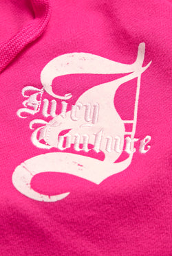 Displays the Nostalgia Pink 'Juicy' branded Longline Fleece Zip-Through Hoodie featuring the juicy branding 