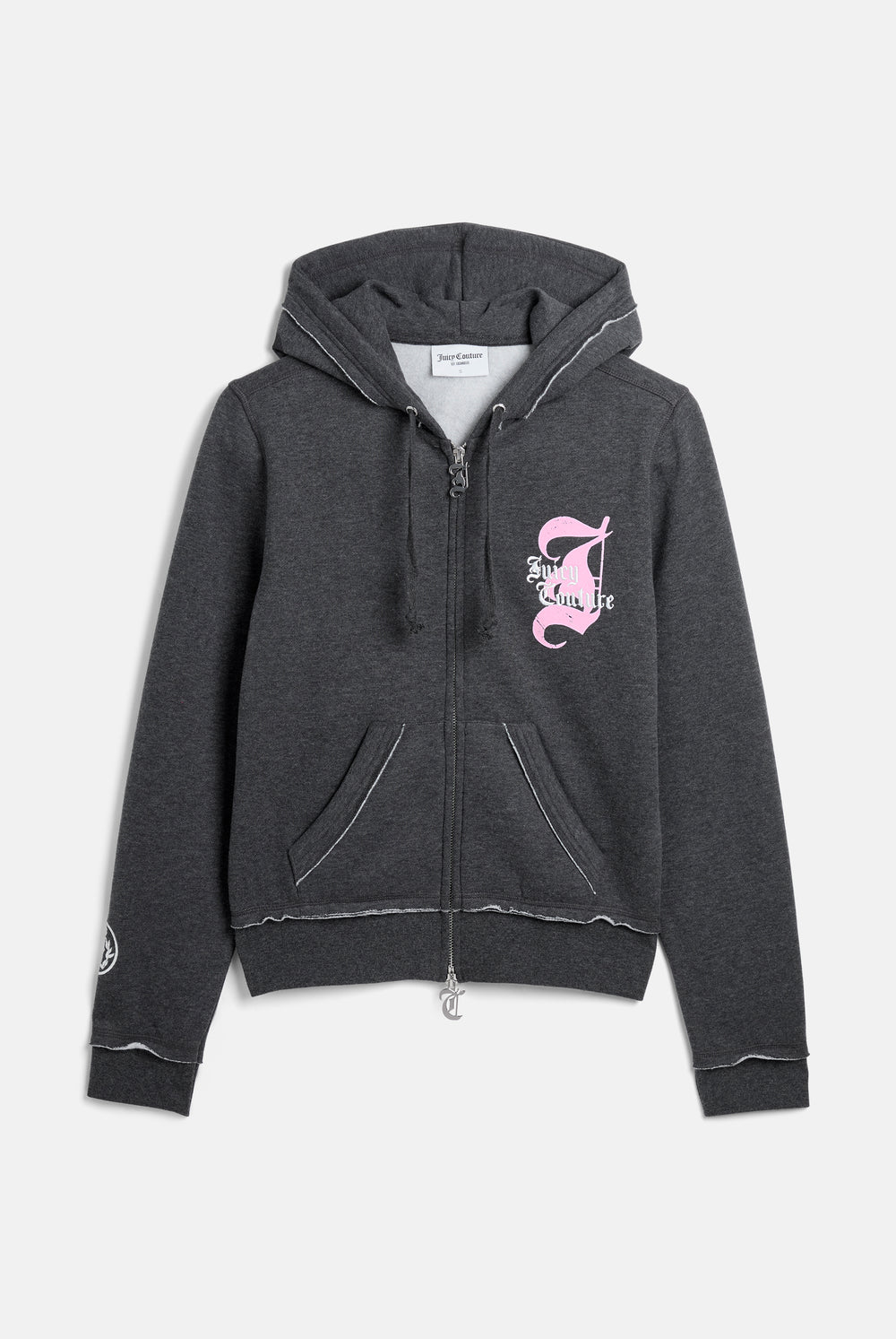 Displays the Charcoal Marl 'Juicy' branded Longline Fleece Zip-Through Hoodie