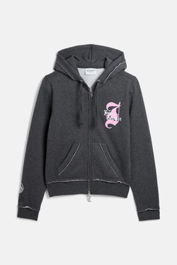 Displays the Charcoal Marl 'Juicy' branded Longline Fleece Zip-Through Hoodie